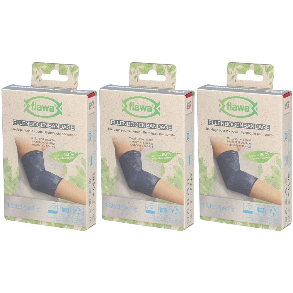 Drie verpakkingen van elleboogbandage. Opschrift: flawa, Ellenbogenbandage, Bandage pour le coude. Afbeelding van een arm met bandage.