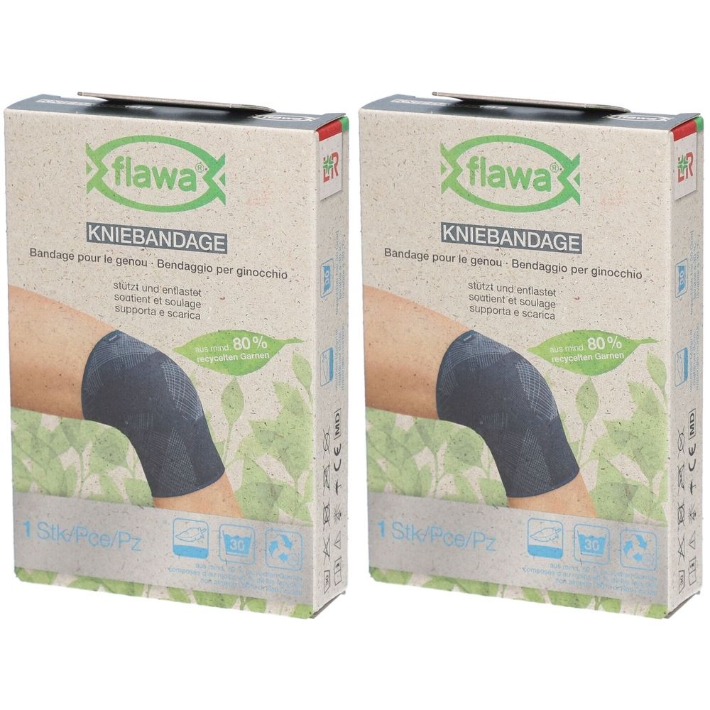 Twee dozen kniebeschermers. Opschrift: flawa, Kniebandage, 80% gerecycled materiaal. Illustratie van een knie met bandage.