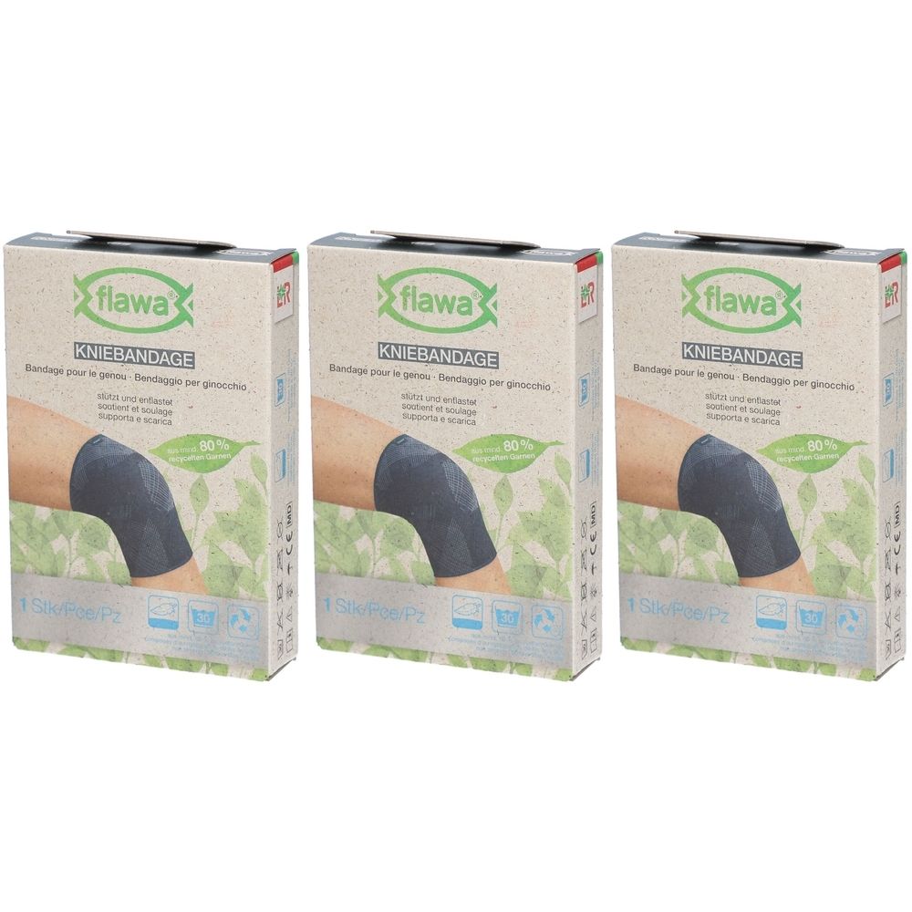 Drie verpakkingen van flawa® kniebandages. Elke verpakking toont een kniebandage. Tekst: Kniebandage, Bandage pour le genou.