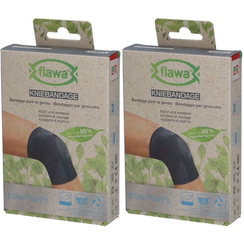 Twee dozen flawa® kniebandage. Opschrift: Kniebandage, Bandage pour le genou, Bendaggio per ginocchio. Afbeelding: kniebandage op been.
