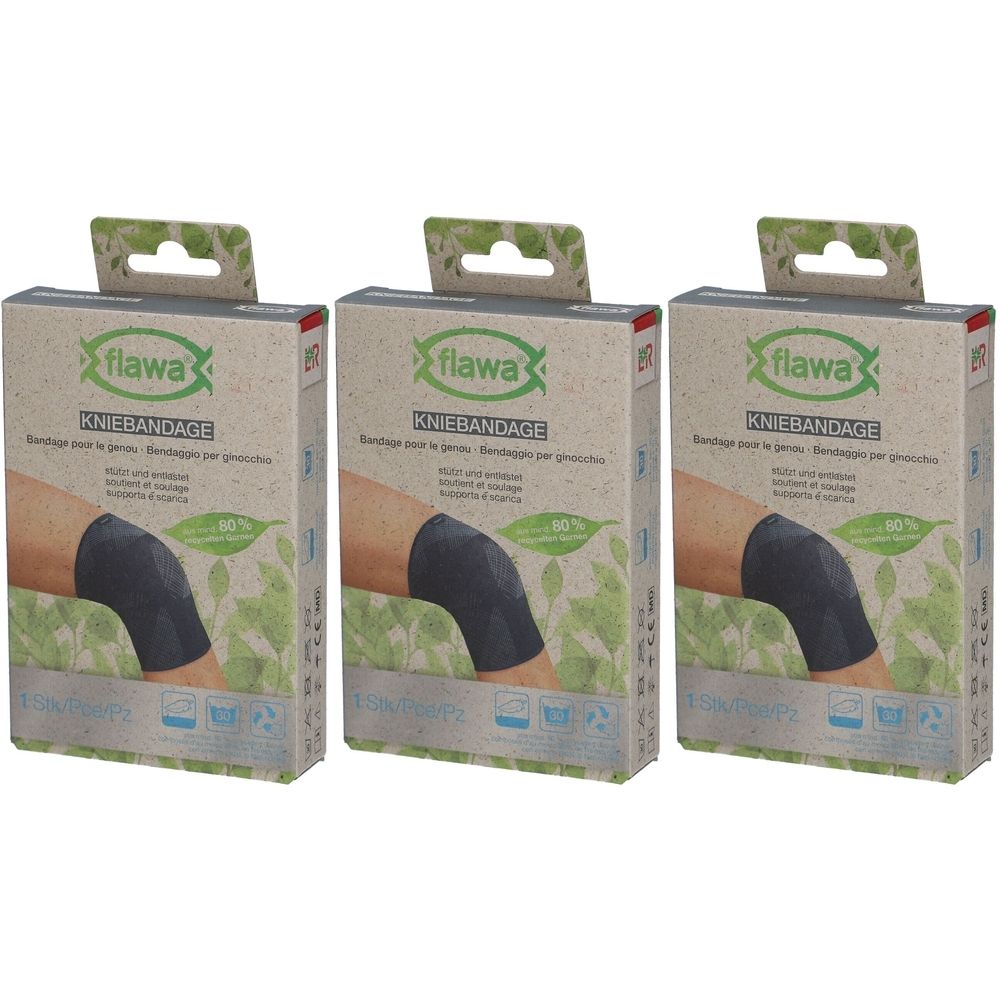 Drie flawa® kniebandages in kartonnen verpakking. Opdruk: Kniebandage, afbeelding van een knie met bandage. Groene bladeren en logo.