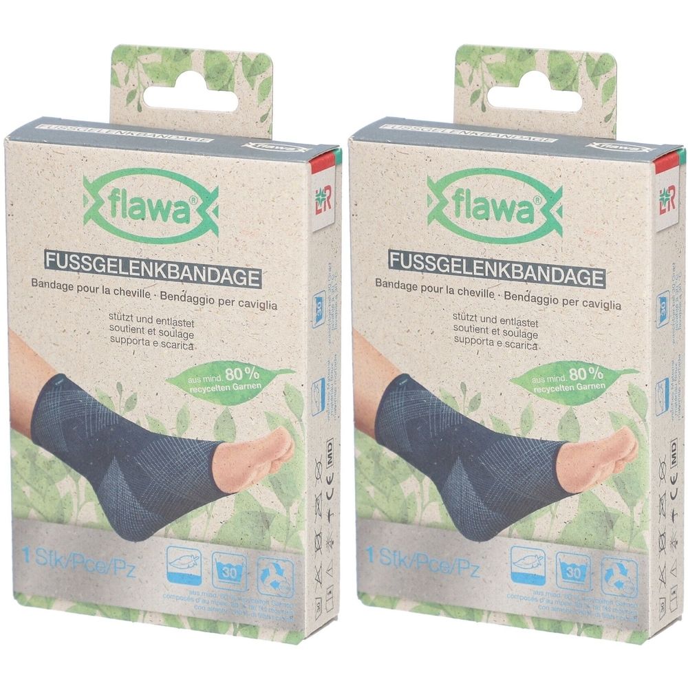 Twee verpakkingen flawa® enkelbrace maat S. Verpakking met productafbeelding. Tekst: FUSSGELENKBANDAGE, ondersteunt en verlicht.