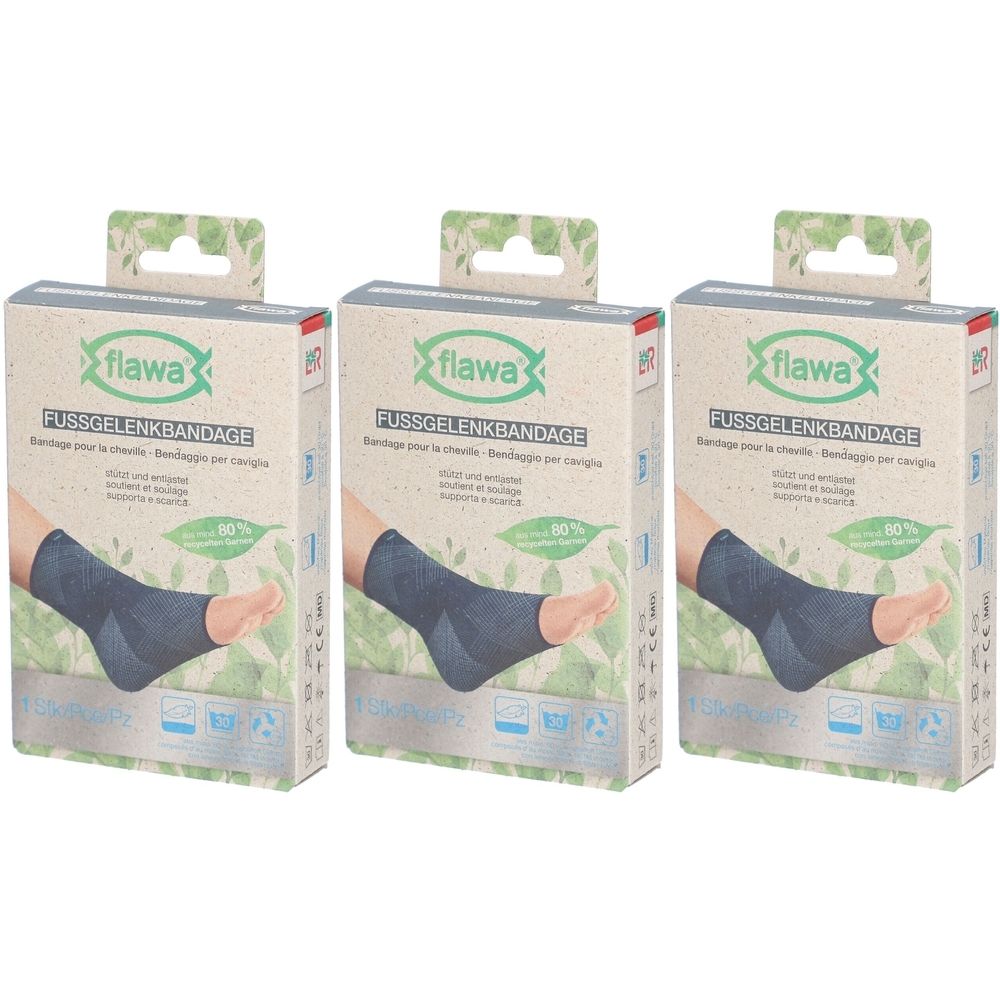 Drie verpakkingen van flawa® enkelbandage. Opschrift: FUSSGELENKBANDAGE, 80% duurzaam. Afbeelding van een voet met bandage.
