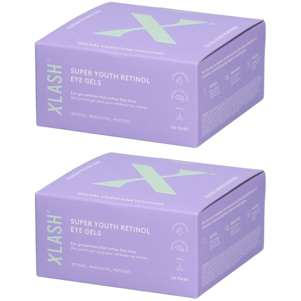 Twee paarse dozen met de productnaam "XLASH SUPER YOUTH RETINOL EYE GELS". Witte en groene opschriften. 30 paar.