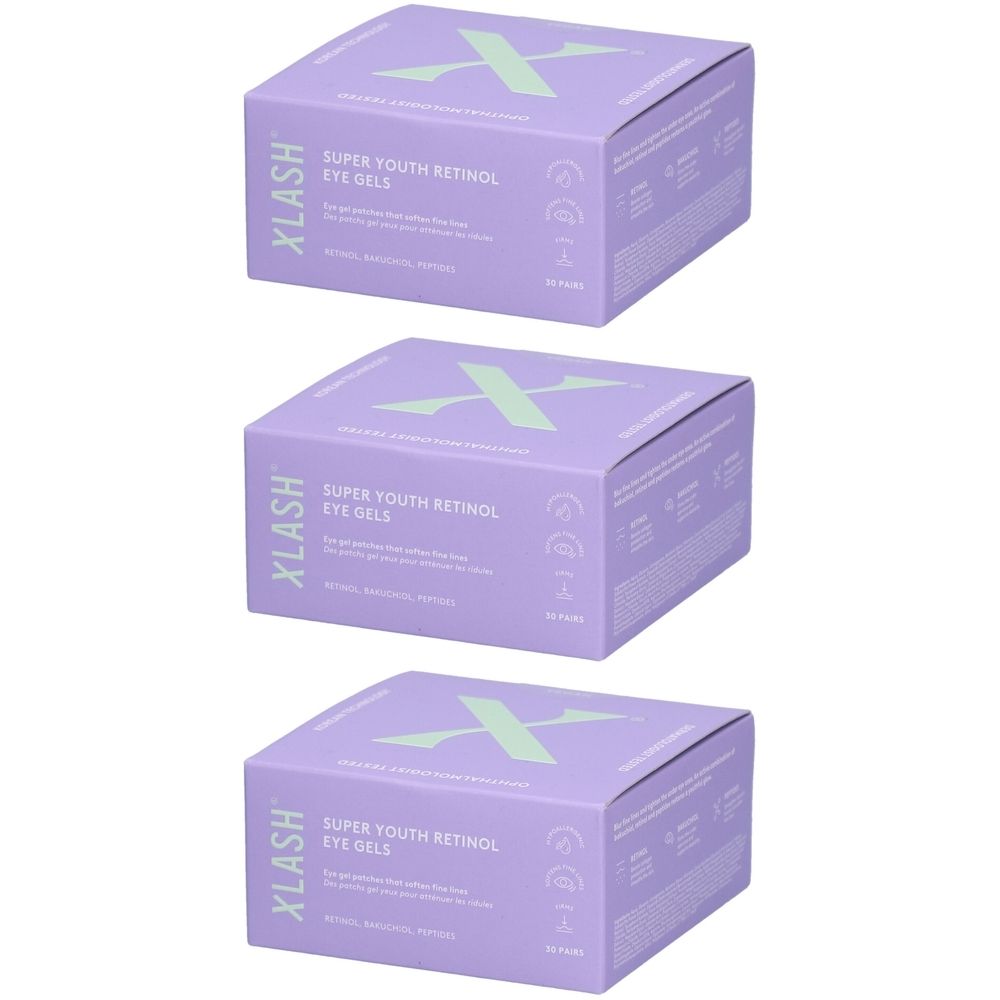 Drie paarse productverpakkingen. Op de verpakking staat "XLASH SUPER YOUTH RETINOL EYE GELS". Het logo is een groene "X".