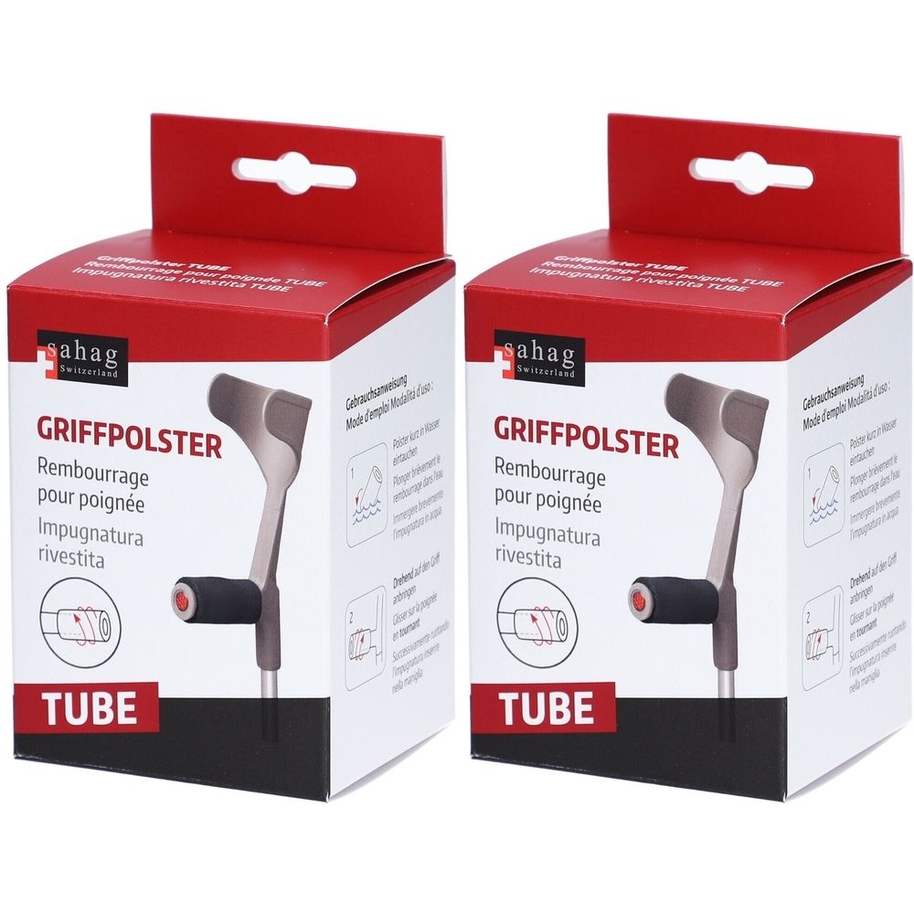 Twee dozen met handgreepkussens. Opschrift: GRIFFPOLSTER, Rembourrage pour poignée, Impugnatura rivestita. Merk: sahag.