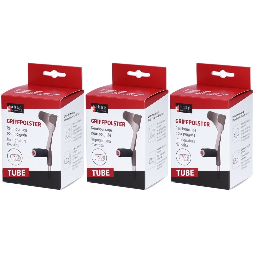 Drie dozen met handgreepkussens. Rode en witte verpakking met productafbeelding en tekst. Merk: ahag.