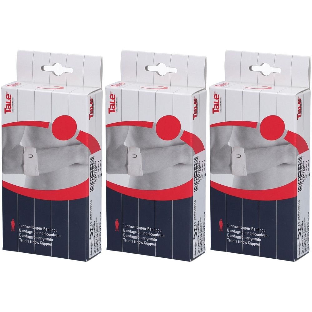 Trois emballages de l'attelle Tale® pour le coude. Modèle de bandage blanc dans un emballage en carton avec cercle rouge et logo.