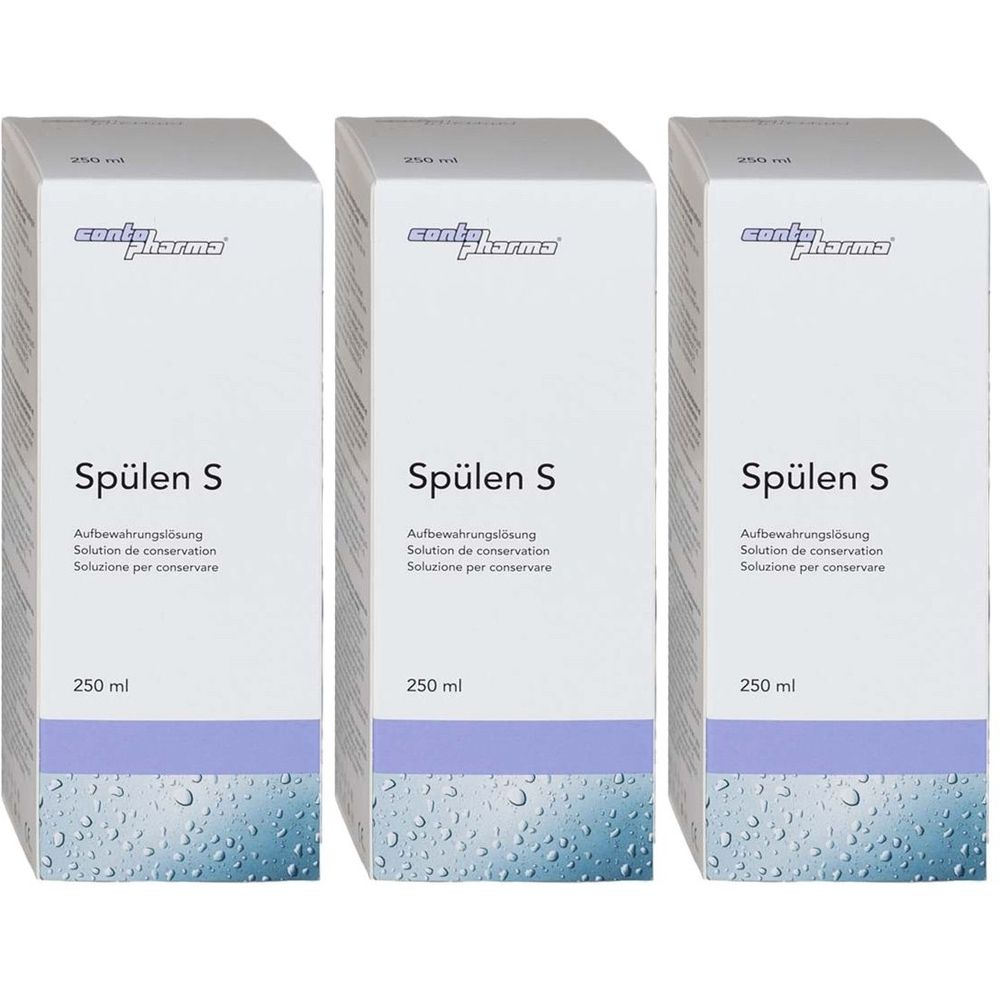Drie dozen "Spülen S" bewaarvloeistof. Opschrift: contopharma, 250 ml. Verpakking met blauwe streep en waterdruppelontwerp.