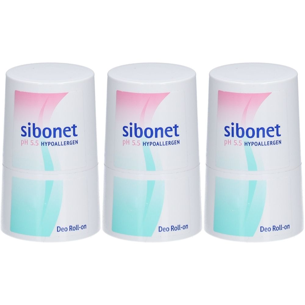 Trois déodorants roll-on blancs. Logos roses et turquoise. Inscription: sibonet pH 5.5 HYPOALLERGEN, Deo Roll-on.