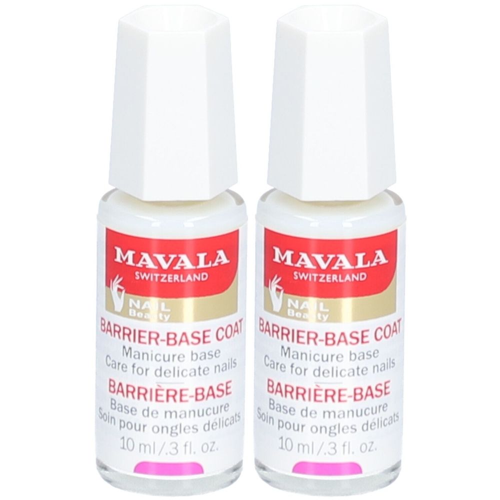 Twee flessen nagellak. Witte dop, rood etiket met witte tekst. Opschrift: MAVALA, BARRIER-BASE COAT, 10 ml/ .3 fl. oz.