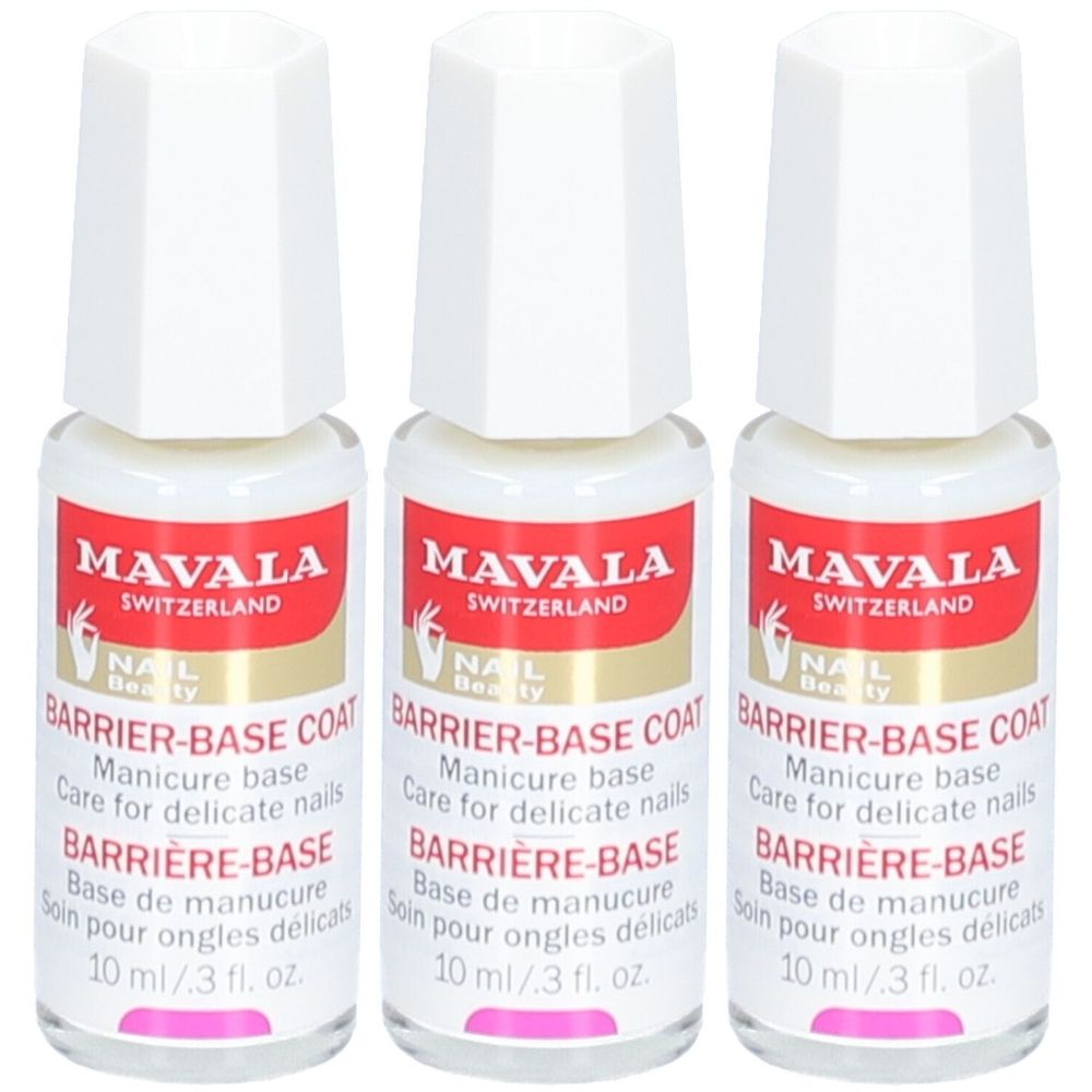Drie flessen nagellak. Witte dop, rood etiket met witte tekst: MAVALA, BARRIER-BASE COAT, 10 ml / .3 fl. oz.