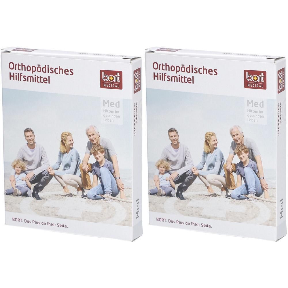 Twee dozen voor BORT Kniebandage Maat M met afbeelding van een gezin op het strand.