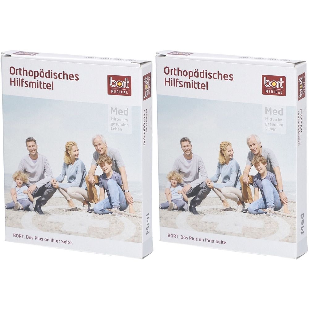 Deux boîtes pour genouillère BORT Taille M avec image d'une famille sur la plage.