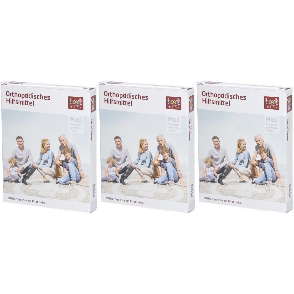 Drie dozen BORT kniebandage maat M met gezin op het strand.