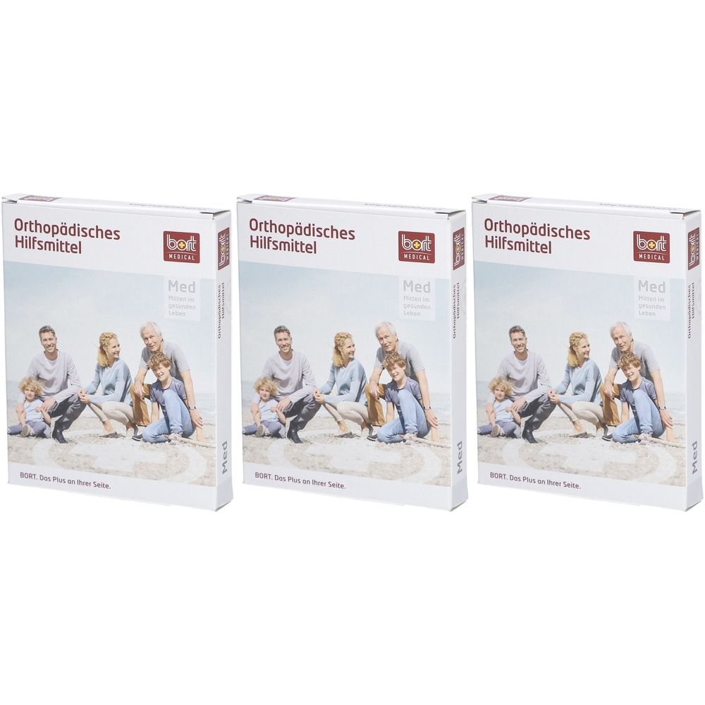 Drie dozen BORT kniebandage maat M met gezin op het strand.