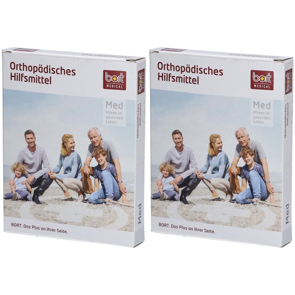 Twee verpakkingen 'Orthopädisches Hilfsmittel Med' van Bort Medical met familiefoto.