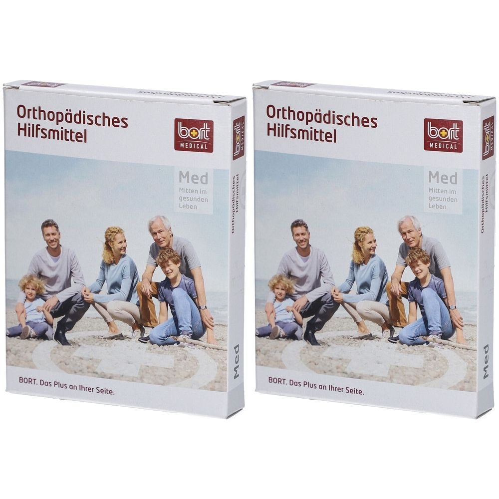 Twee verpakkingen BORT Kniebandage Med, orthopedisch hulpmiddel, met gezinsafbeelding.