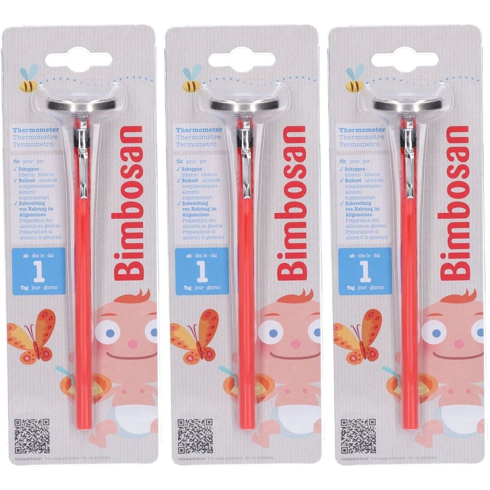Drie analoge thermometers op blisterverpakking. Rode steel, zilveren meetkop. Opschrift: Bimbosan, Thermometer.