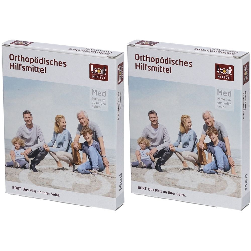 Deux boîtes rectangulaires. Inscription : Orthopädisches Hilfsmittel. Logo : bort medical. Image d'une famille. Texte : Med.