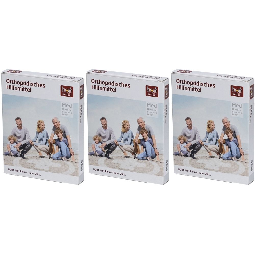 Trois boîtes de produit. Inscription : Orthopädisches Hilfsmittel, bsn medical. Image d'une famille. Med. BORT. Le plus de votre côté.