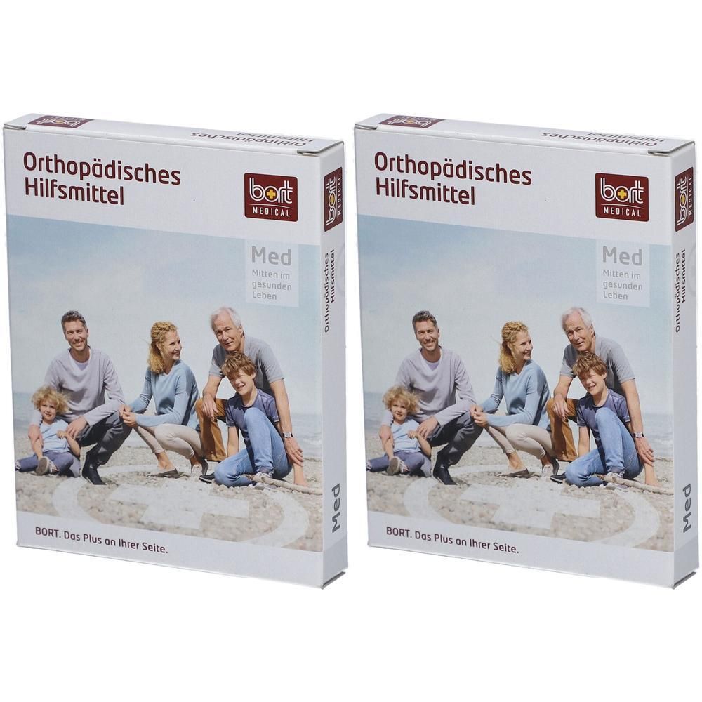 Deux paquets d'aide orthopédique BORT Med avec illustration familiale.