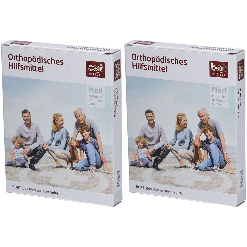 Deux paquets d'aide orthopédique BORT Med avec illustration familiale.