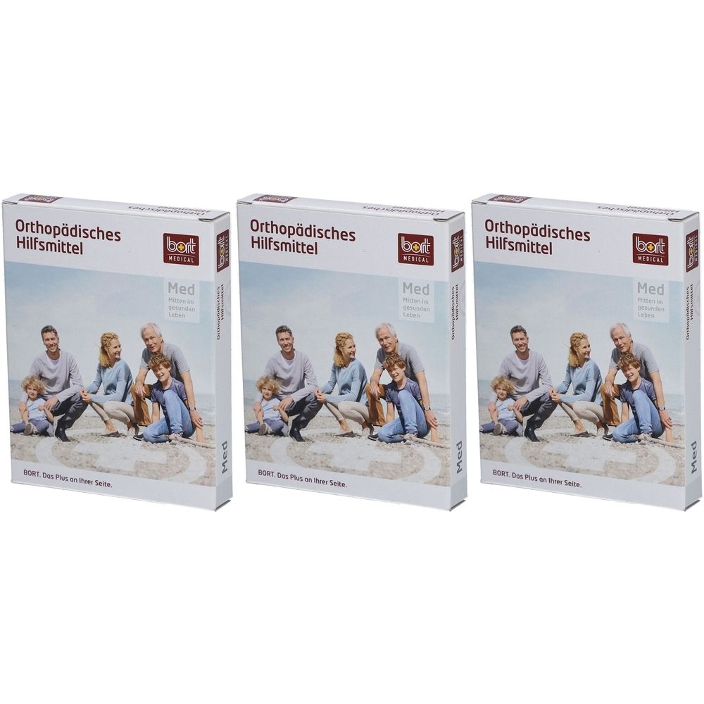 Trois boîtes rectangulaires. Impression : dispositif médical orthopédique, marque bort medical. Image d'une famille sur la plage. Texte : Med.