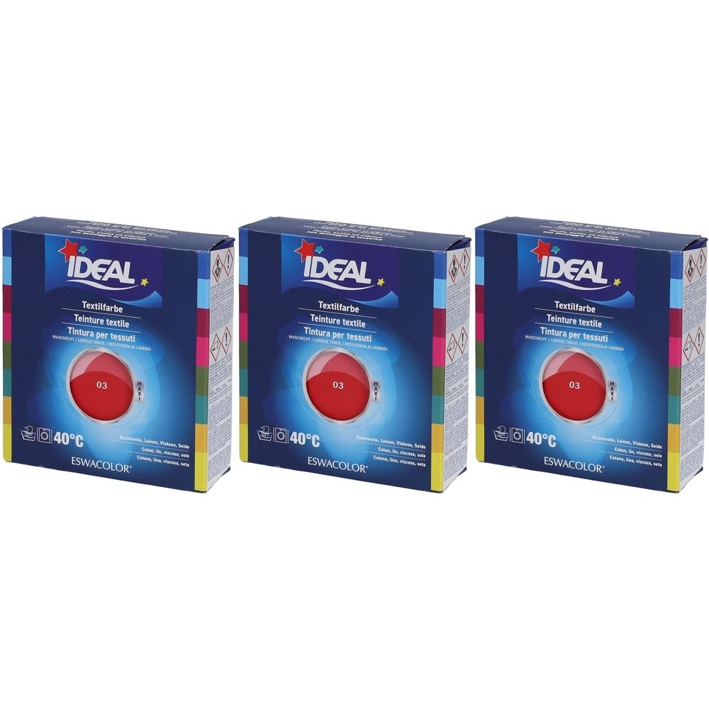 Trois boîtes de teinture textile. Chaque boîte porte IDEAL, teinture textile, 03 Rouge vif, 40°C et ESWACOLOR.