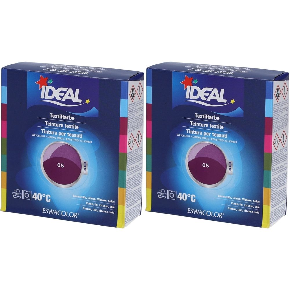 Deux boîtes de teinture textile IDEAL, couleur 05 Violet. Symboles de lavage 40°C. Marque ESWACOLOR.