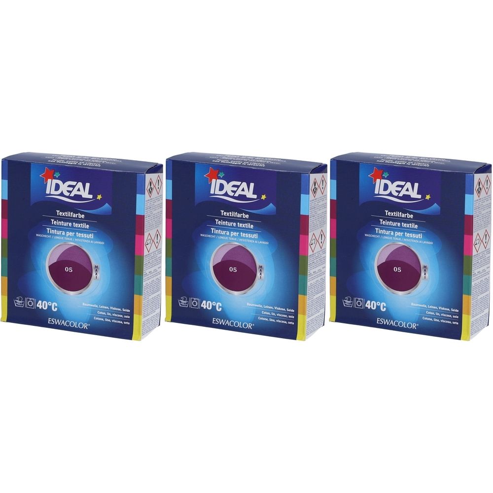 Trois boîtes de teinture textile. Inscription: IDEAL, teinture textile, 05 Violet, 40°C. Cercle de couleur violet. Marque: ISWACOLOR.
