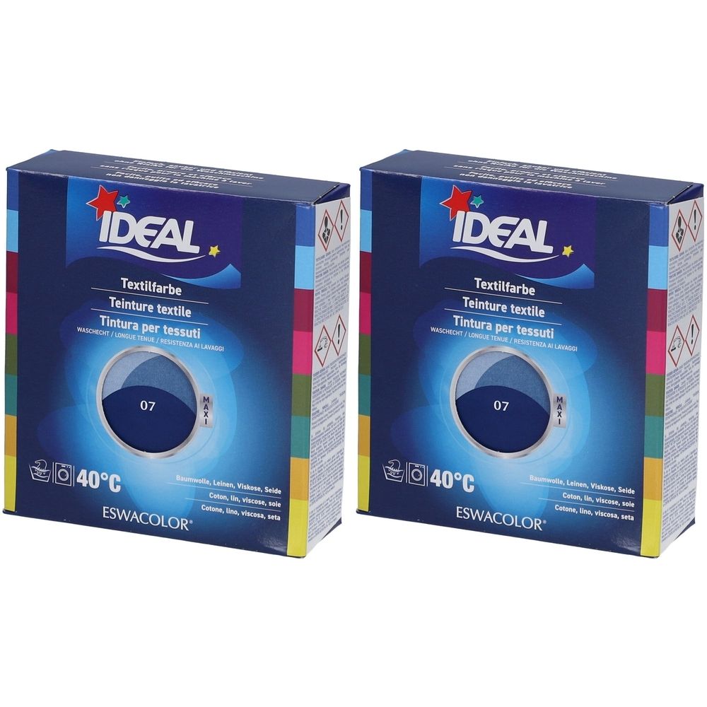 Deux boîtes de teinture textile. Emballage bleu avec nom du produit et numéro de couleur 07. Marque IDEAL. Symbole de lavage 40°C.