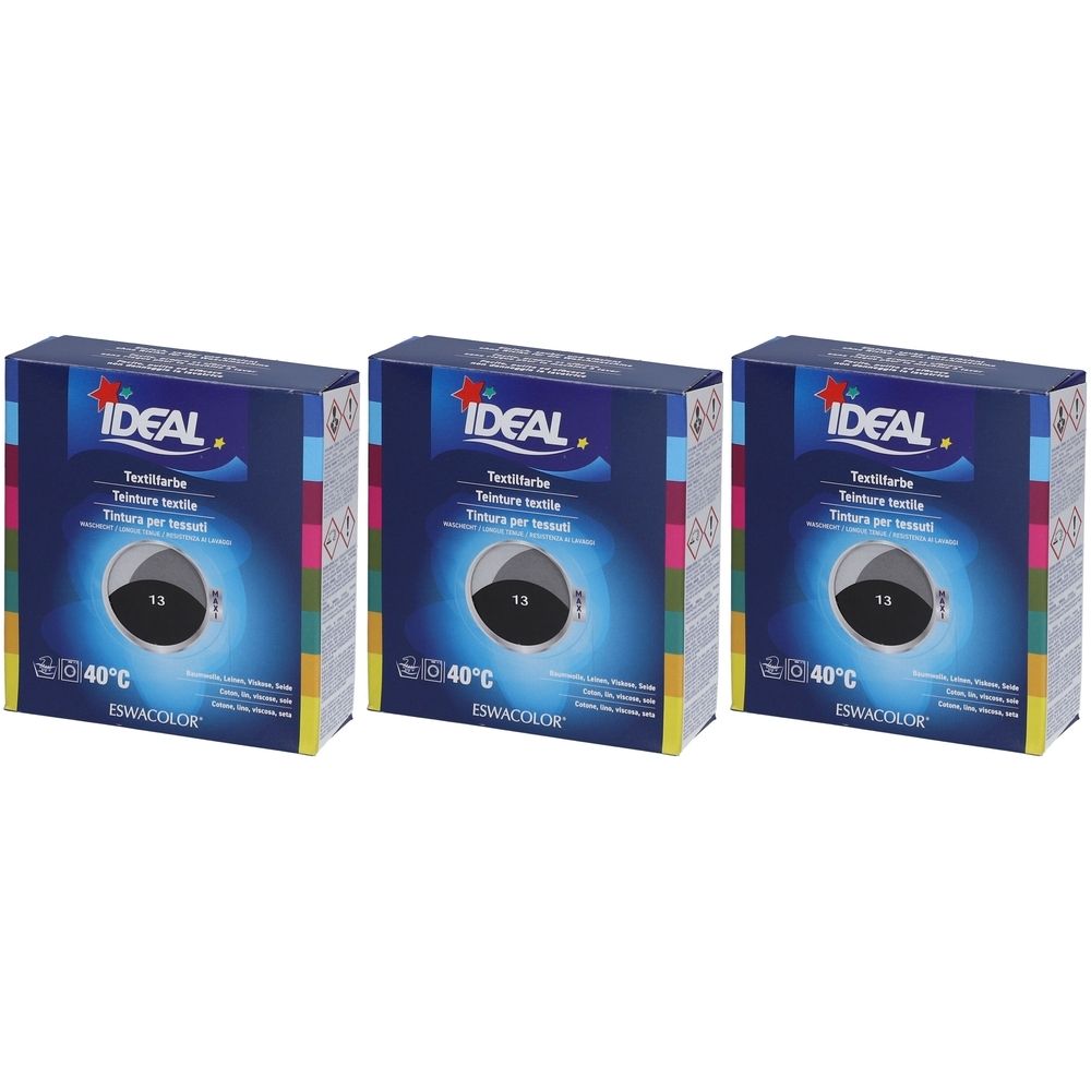 Trois boîtes de teinture textile. Emballage bleu avec logo IDEAL, cercle de couleur noir avec le numéro 13. Indication de température 40°C.
