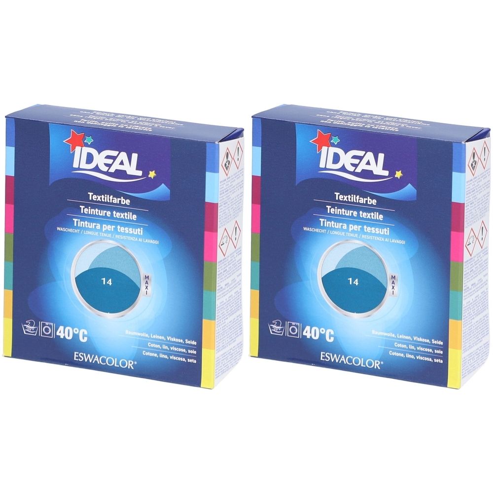 Deux boîtes de teinture textile. Inscription IDEAL, Textilfarbe, 14. Température de lavage 40°C. Marque ESWACOLOR.