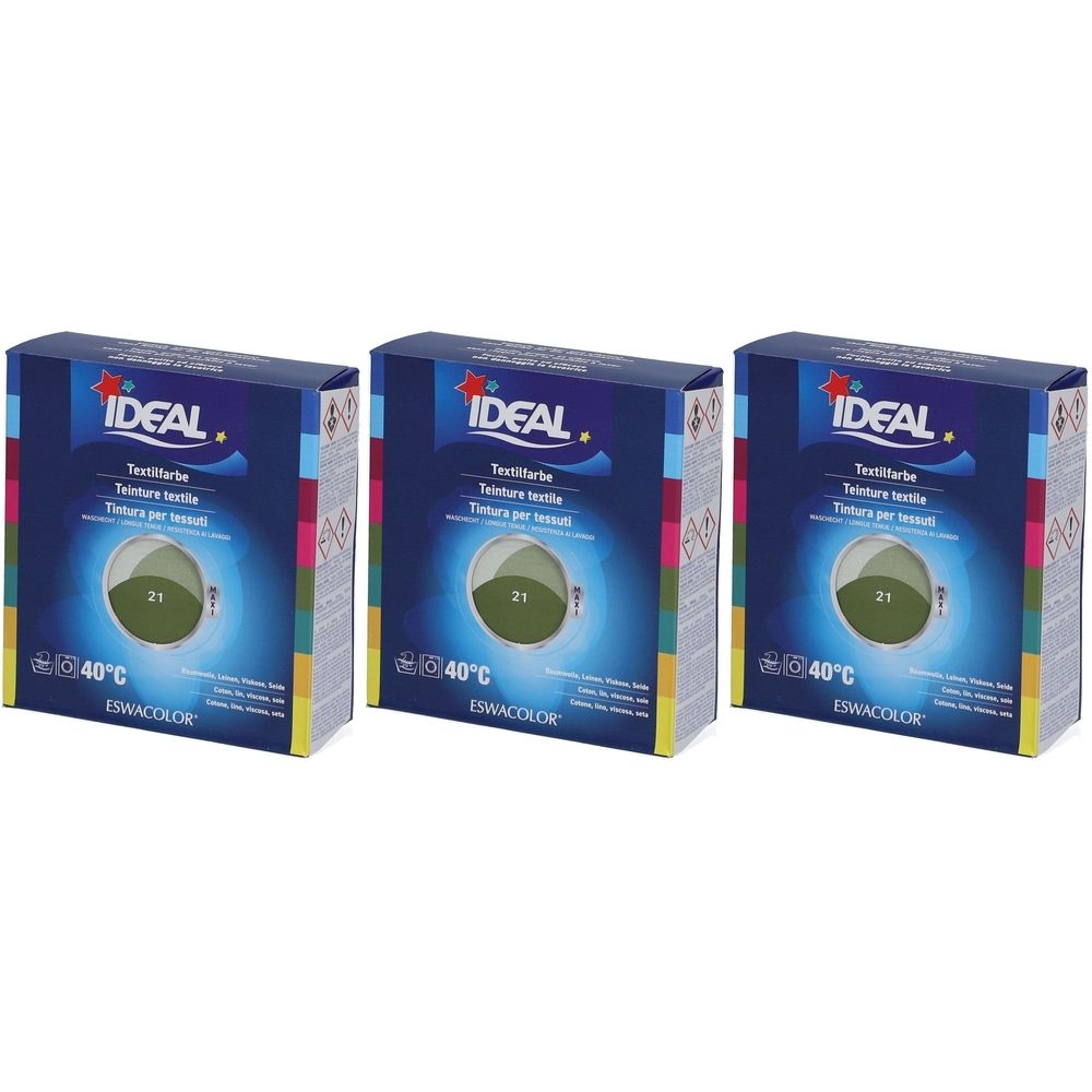Trois boîtes de teinture textile IDEAL. Sur les boîtes, on peut lire teinture textile, couleur 21 Khaki, 40°C et le logo IDEAL.