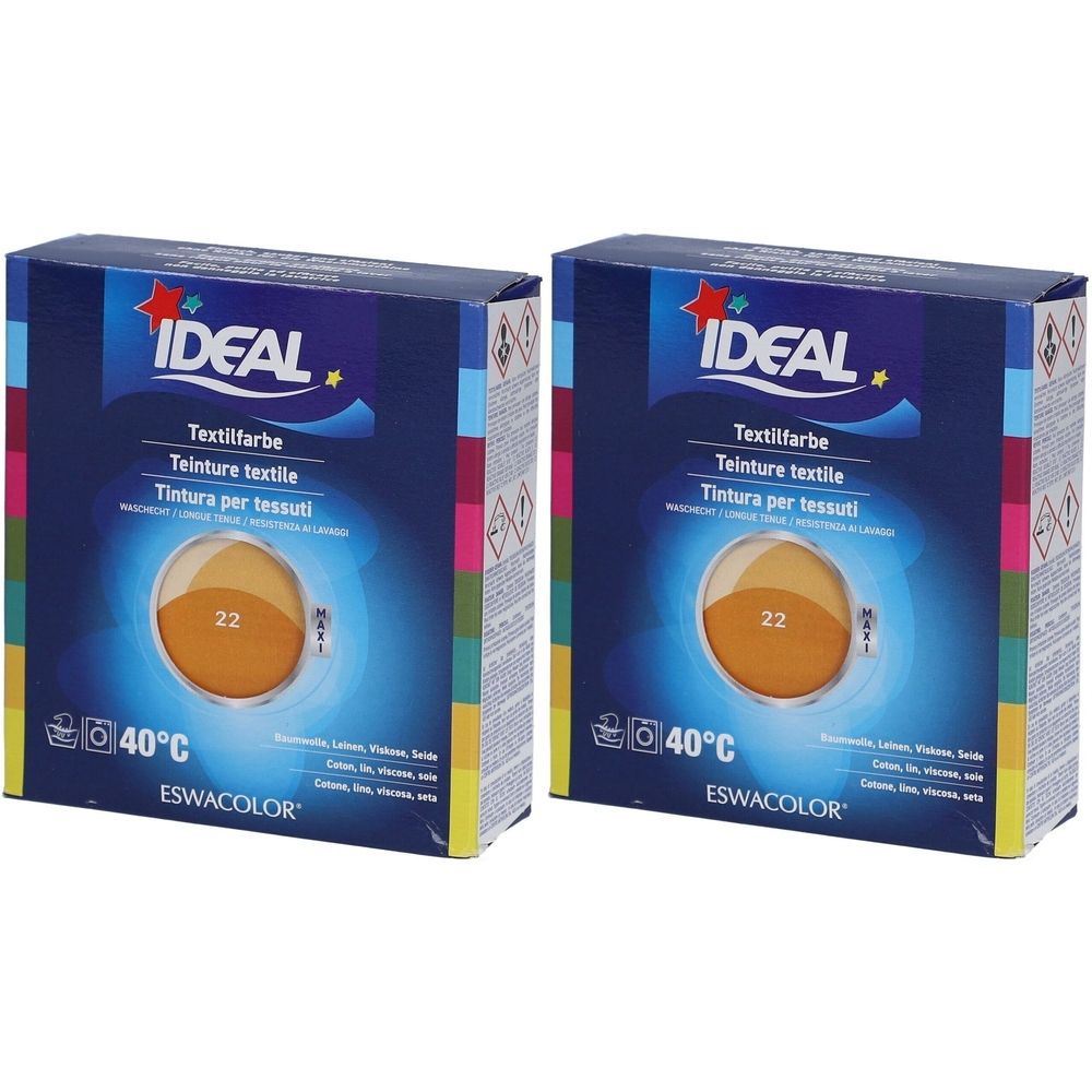 Twee dozen textielverf. Opschrift IDEAL, textielverf, 22. Temperatuurindicatie 40°C. Kleur goud. Verpakking met gekleurde strepen.