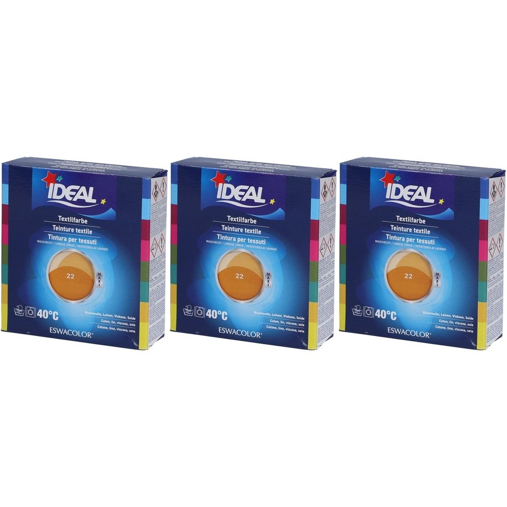 Trois boîtes de teinture textile IDEAL. Sur chaque boîte: marque IDEAL, texte, teinte 22, température 40°C et ESWACOLOR.