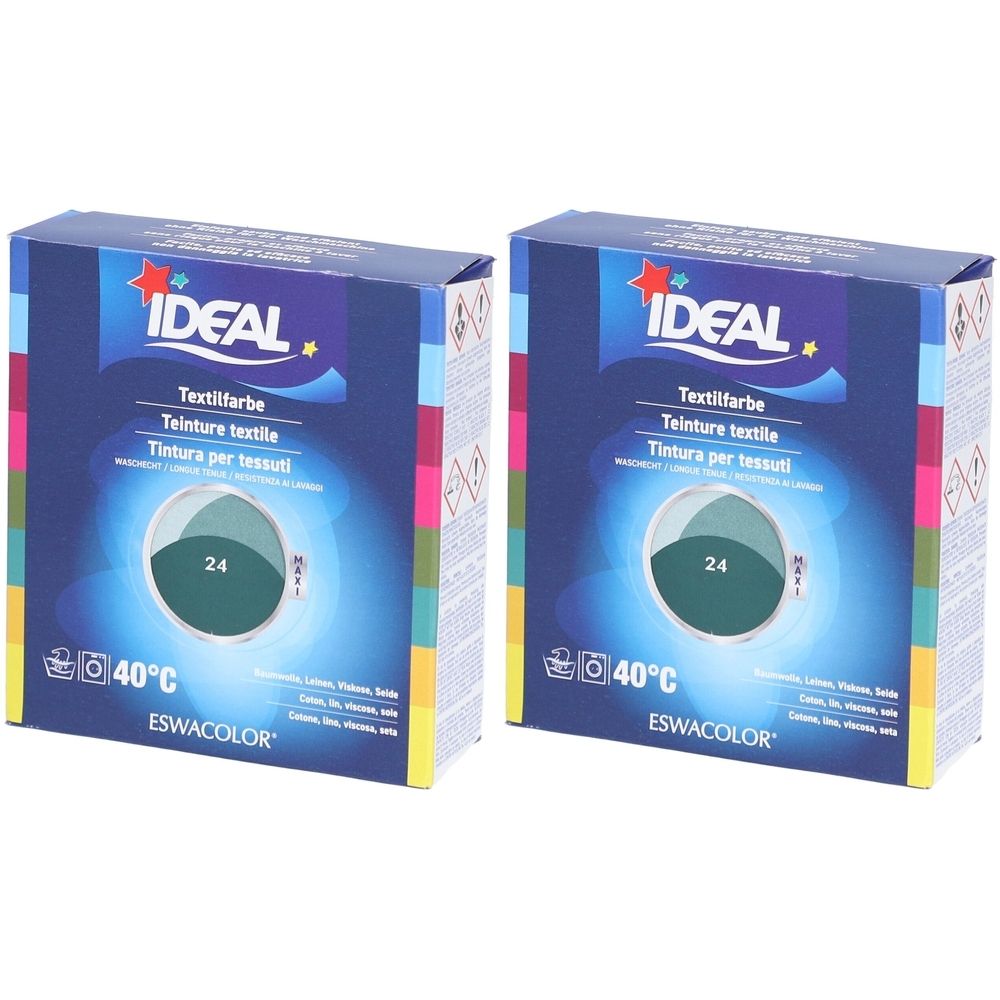 Twee dozen textielverf. Opschrift IDEAL, Textielverf, 24 Tanne. Temperatuurindicatie 40°C. Merk ESWACOLOR.