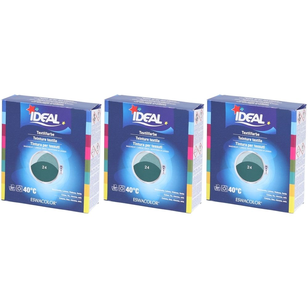 Trois boîtes de teinture textile IDEAL. Chaque boîte présente un visuel rond avec le chiffre 24 et l'indication 40°C. Inscription : ESWACOLOR.