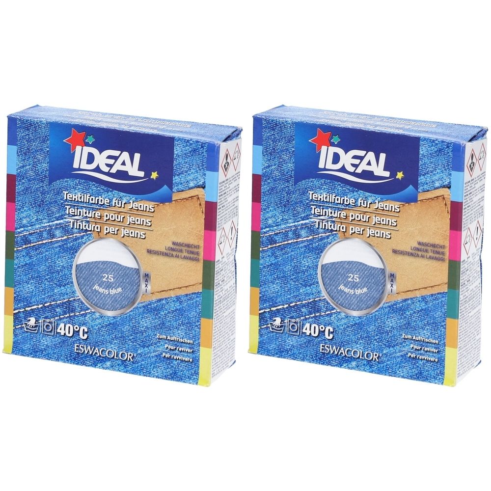 Twee dozen IDEAL textielverf. Opschrift: Textielverf voor jeans, kleur 25 Jean Blau, 40°C. Verpakking met jeans-ontwerp en productafbeelding.