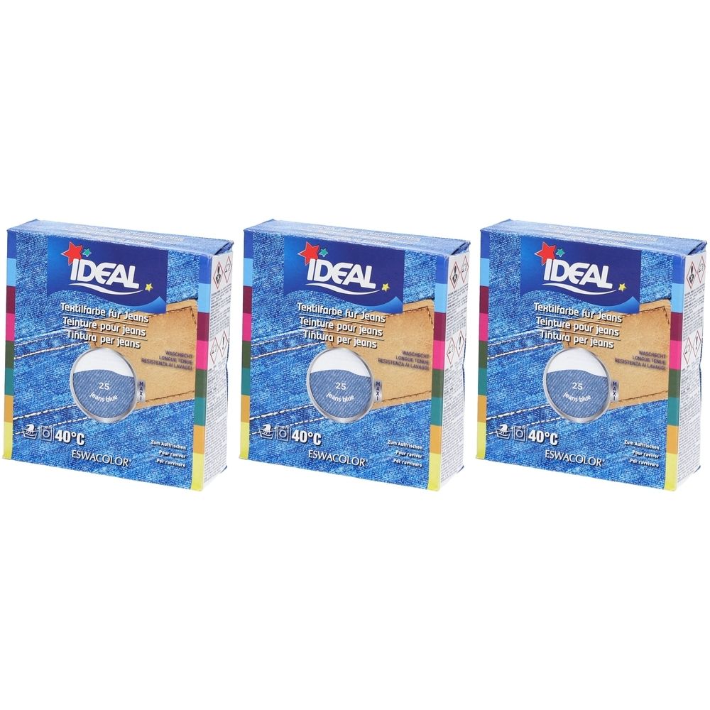 Drie dozen IDEAL textielverf. Blauwe verpakking met productinformatie en kleurencirkel. Temperatuurindicatie 40°C.