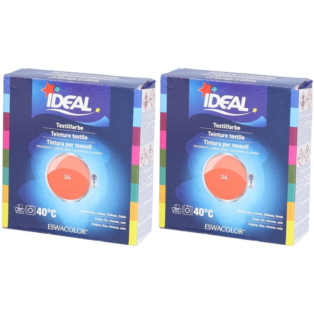 Deux boîtes de teinture textile IDEAL. Inscription : Textilfarbe, Teinture textile, Tintura per tessuti. Couleur 36. 40°C. ESWACOLOR.
