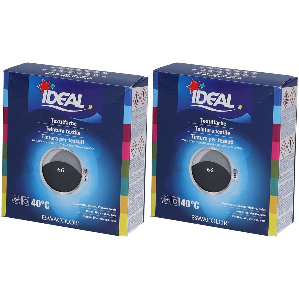 Deux boîtes de teinture textile IDEAL. Inscription : 66 Schiefer, 40°C. Inscriptions multilingues. Marque IDEAL. ESWACOLOR.