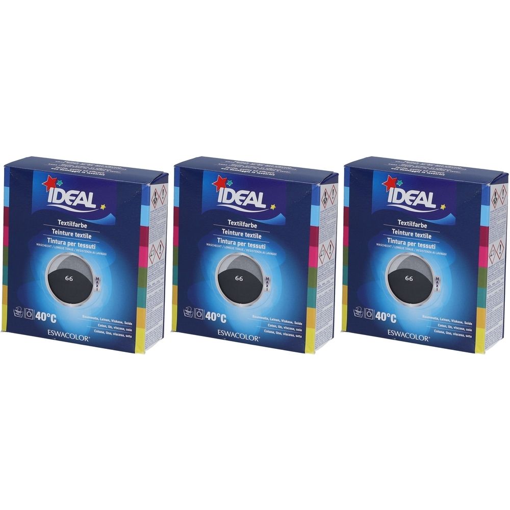 Trois boîtes de teinture textile. Chaque boîte porte IDEAL, teinture textile, 66 et 40°C. Bandes multicolores sur les côtés.