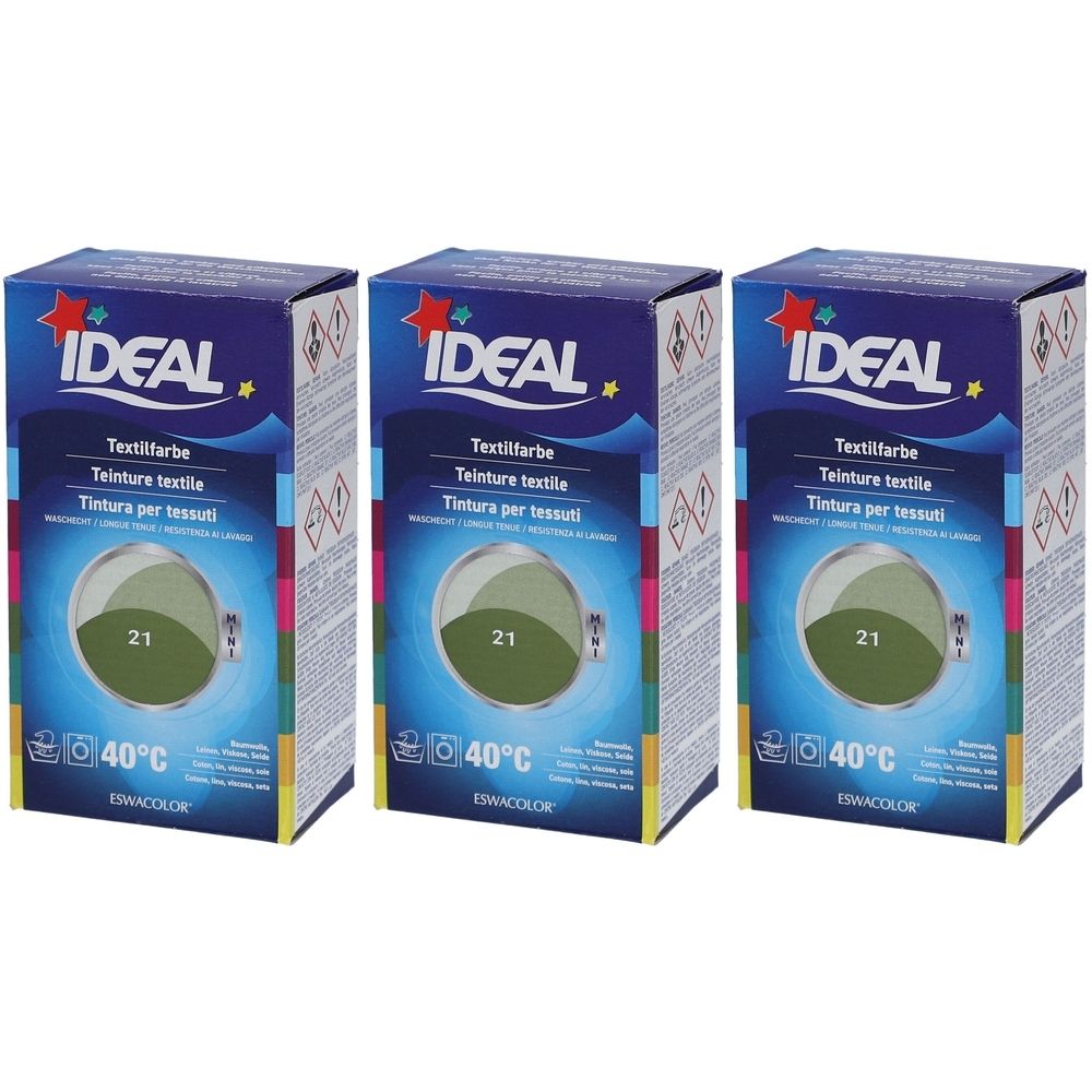 Drie dozen textielverf. Opschrift: IDEAL, Textilfarbe, 21, 40°C. Kleur kaki. Verpakking met wasmachinesymbool.