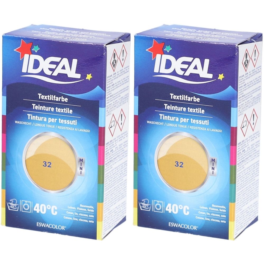 Twee dozen IDEAL textielverf. Opschriften: Textilfarbe, 32, 40°C, MINI. Verpakking met ster en logo.