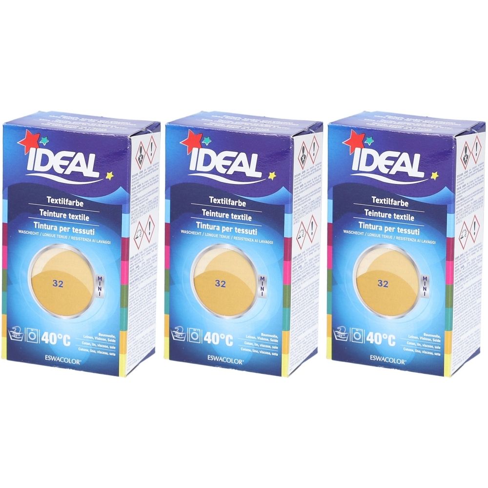 Drie dozen IDEAL textielverf. Elke doos toont een ronde kleurstaal in beige en het nummer 32. Opschrift: 40°C.