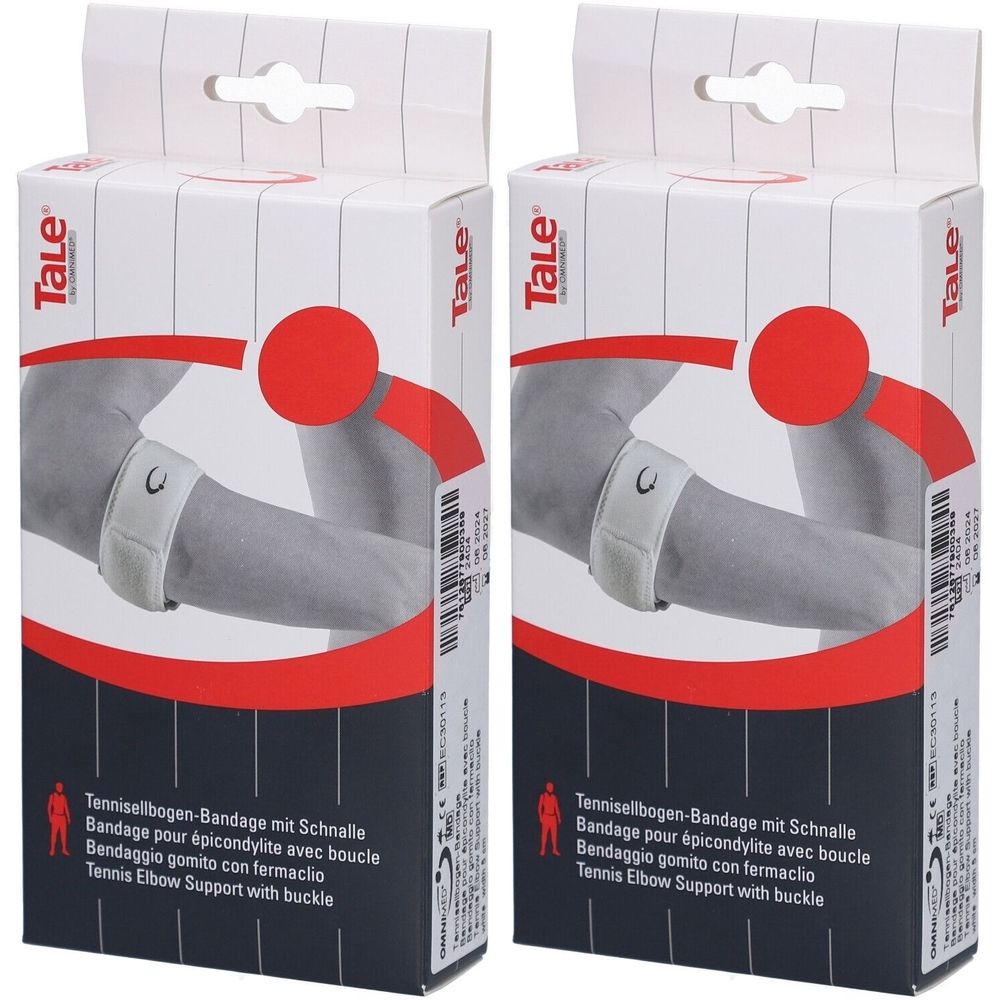 Twee productverpakkingen. Op elke verpakking is een witte epicondylitis-bandage met gesp afgebeeld. Tekst: Tale, tenniselleboogbandage.