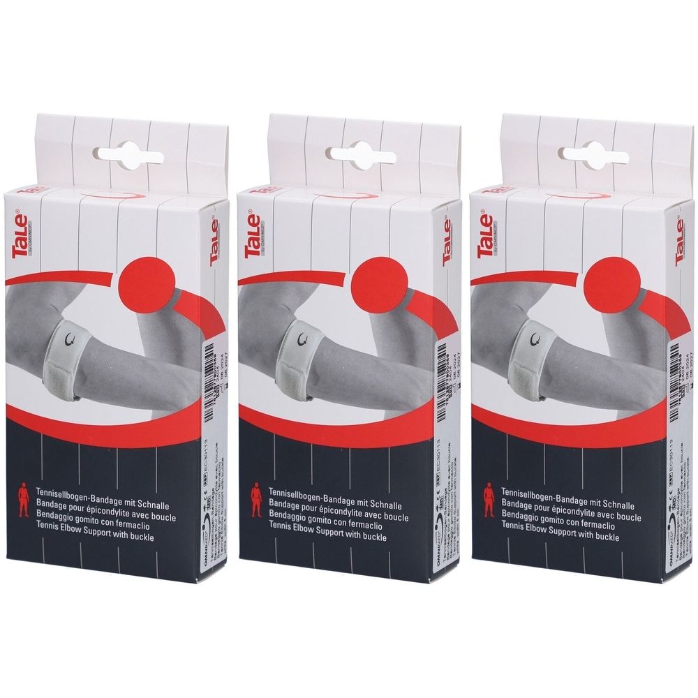 Drie verpakkingen Tale epicondylitis-bandage met gesp. Witte band op arm, rode stip, zwarte en rode tekst.