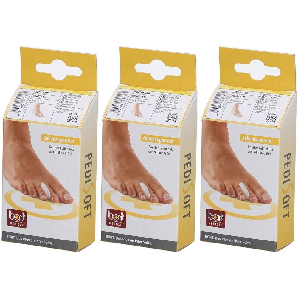 Drie productverpakkingen. Elke doos toont een voet met teenspreider. Opschrift: PediSoft, Bort Medical.
